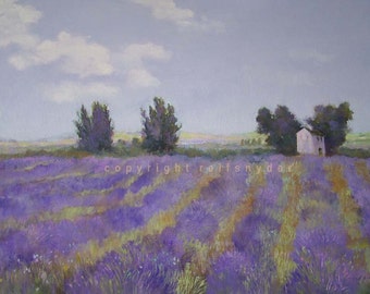 Lavender Fields print French country, flowers in landscape, house and garden, blue, art, painting, trees and fields, purple, floral, 8x10