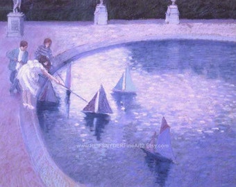 Paris Park Aceo print, figures, children playing, toy sailboats, French, Luxembourg Gardens, art, blue, pink, lavender, sailboats, miniature