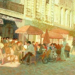 Paris Cafe Karte, französisch, Figuren, Stadtstraße, rosa, grün, rot, blaugrün, gelb, Restaurant, Straßencafe, Menschen, Tischschirme, blanko