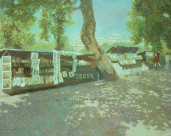 Paris print French Booksellers, city scene, along the Seine river, street scene, gray, blue, green, sidewalk sellers, France 5x7  8x10
