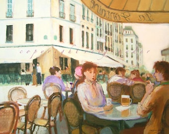 Paris Cafe card, figures, French cafe, France, gold, green, lavender, city restaurant, outdoor cafe, bistro, people, bar, blank card