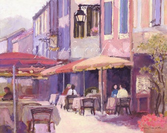 French Provence ACEO print, figures cafe scene, people art, France, blue, red, cafe umbrellas, village street, outdoor cafe, dining