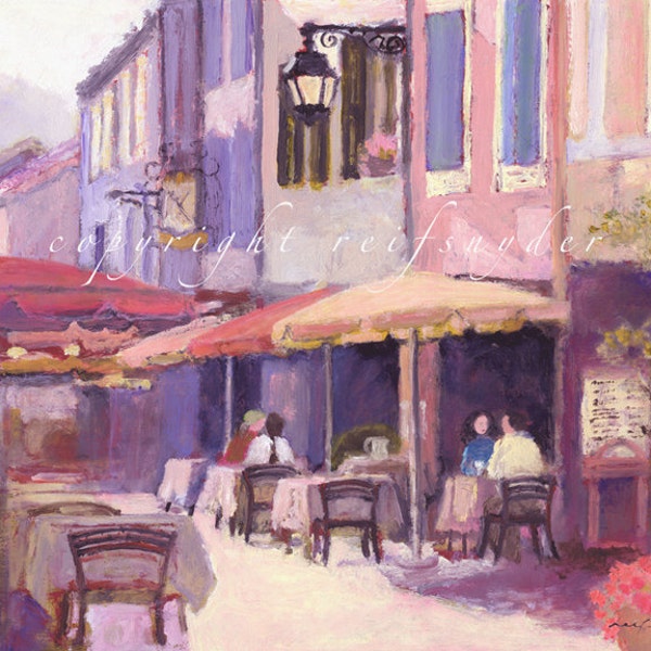 French Provence ACEO print, figures cafe scene, people art, France, blue, red, cafe umbrellas, village street, outdoor cafe, dining