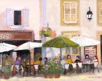 French Country cafe, paper print art, figures, people, France, gold, green, cafe umbrellas, village street, pink, shops, 24x30 30x40 36x48