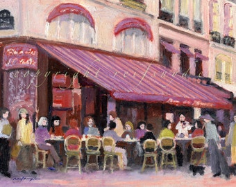 ACEO Cafe print Paris Bar, French street scene, France, city, red, pink lavender, figures, outdoor restaurant, Bar du Marche,