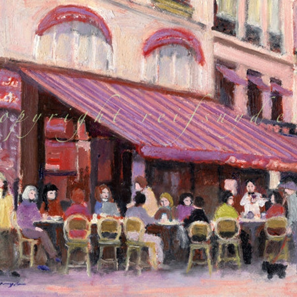 ACEO Cafe print Paris Bar, French street scene, France, city, red, pink lavender, figures, outdoor restaurant, Bar du Marche,