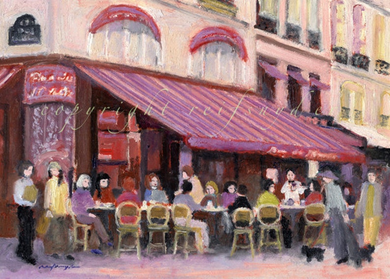 Cafe print Paris Bar, French street scene, France, city, red, pink lavender, figures, outdoor restaurant, Bar du Marche, 8x10, 16x20, 24x30 image 1