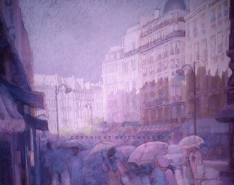 Paris street scene paper print, rainy day, city, rain shower, figures, French, France, lavender, purple, pink, people, umbrellas, european