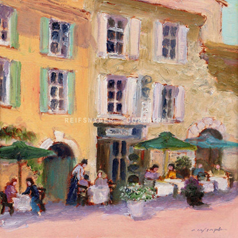 French cafe paper print, figures, square art, yellow, green, gold, lavender, umbrellas, French village, country town 10x10 12x12 16x16 20x20 image 1