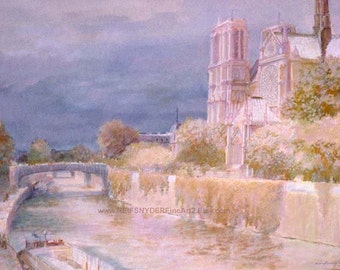 Notre Dame Cathedral print Paris, France, Seine River, barge, church, blue, pink, green, lavender, city scene, bridge, religious 8x10 11x14