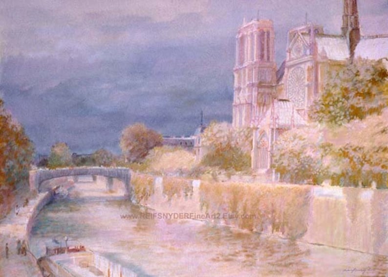May include: A watercolor painting of the Notre Dame Cathedral in Paris, France. The cathedral is painted in soft pink and white hues, with a river flowing in the foreground. The sky is a pale blue with wispy clouds.