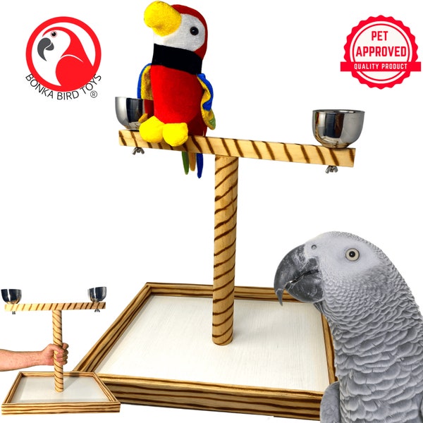 Bonka Bird Toys PP1414 Large Wooden Playstand with Perch and Feeder Cups