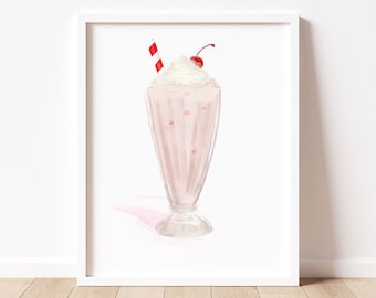 Strawberry milkshake art print/kids room art print/playroom art/ice cream milkshake illustration/INSTANT DOWNLOAD