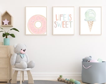 Set van 3 zoete traktaties / kinderen kunst print / donut kunst / ijs kegel / leven is zoet / speelkamer kunst / Instant downloaden