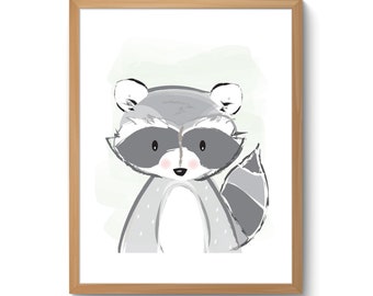baby raccoon art print/nursery art, nursery decor, woodland animals nursery art, scandi kids art,  8x10 and 11x14/instant download