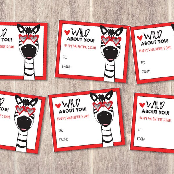 INSTANT DOWNLOAD - printable kids Valentine's Day Cards - Love Zebra heart glasses - school valentines