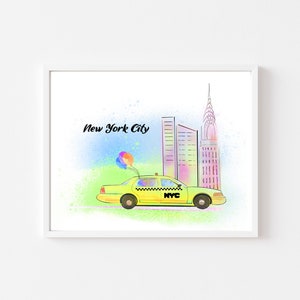 New York City Art Print Wall Decor Taxi Chrysler Building neon Illustration INSTANT DOWNLOAD