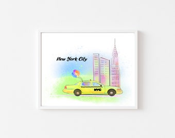 New York City Art Print Wall Decor Taxi Chrysler Building neon Illustration INSTANT DOWNLOAD