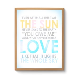 INSTANT DOWNLOAD - Printable Hafiz quote - Even after all this time the sun never says to the earth you owe me, quote/inspirational quote