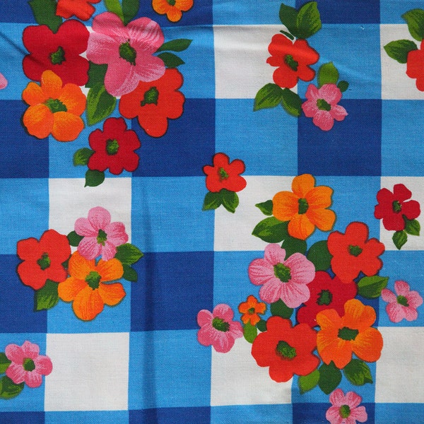reserved Vintage 60s colorful floral coton blue and white plaid gingham fabric