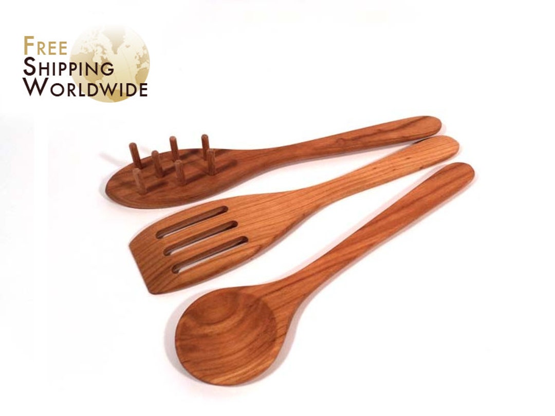 Wooden Spoon / Spatula SET of 3 Wooden Spoon / Rake for Pasta Spaghetti  Slotted Spatula Spoon Classic From Cherry Wood 32 