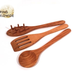 Wooden Spoon / Spatula SET of 3 - Wooden Spoon / Rake for Pasta Spaghetti - Slotted Spatula - Spoon Classic from Cherry wood - 32