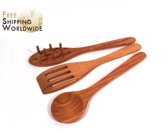 Wooden Spoon / Spatula SET of 3 - Wooden Spoon / Rake for Pasta Spaghetti - Slotted Spatula - Spoon Classic from Cherry wood - 32