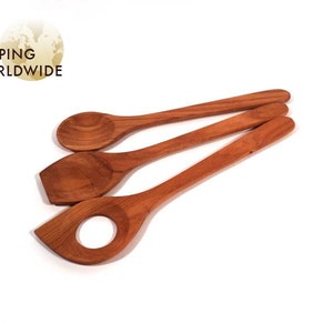 Holzlöffel 3er SET - Saucenlöffel - Löffel mit flachem Boden - Löffel Classic aus Kirschholz - 10
