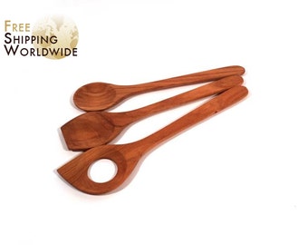 Wooden Spoons SET of 3 - Sauce Spoon - Spoon with flat bottom - Spoon Classic from Cherry wood - 10