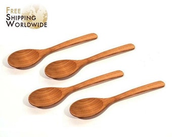 Wooden Spoons for eating soups and other fluid food - adult size - SET of 4 from Cherry wood - extra quality - 22