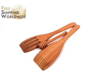 Wooden Spatulas SET and Honey Dipper - One Regular and One Slotted Spatula with Honey Dipper from Cherry wood - 3