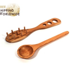 Wooden Spoon / Rake for Spaghetti serving Large/Double and Ladle for Sauces SET from Cherry wood - 35