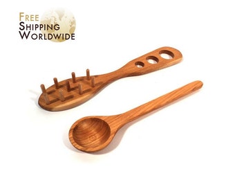 Wooden Spoon / Rake for Spaghetti serving Large/Double and Ladle for Sauces SET from Cherry wood - 35