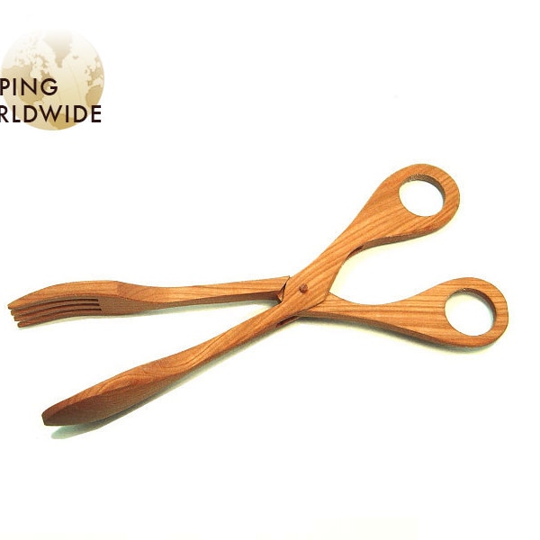 Wooden Scissors Kitchen untesil for serving salads or bread Middle size from Cherry wood