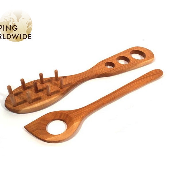 Wooden Sauce Spoon / Spaghetti Set - Wooden Spoon / Rake for Pasta Spaghetti and Spoon for Sauces from Cherry wood - 34