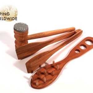 Wooden Meat Tenderizer and Wide Tongs SET of 3 - Hammer for softening steaks, Wide Tongs and Spaghetti Server - 36