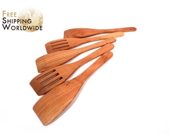 Wooden Spatulas SET of 5 - Three Regular and Two Slotted Spatulas from Cherry wood - 5