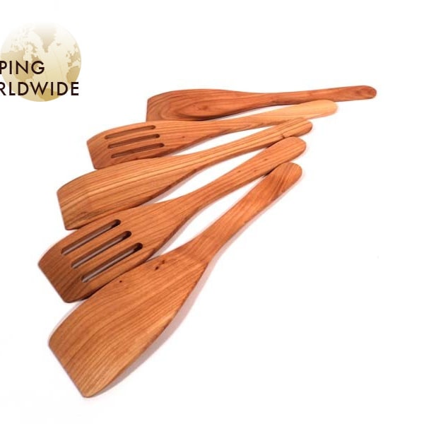Wooden Spatulas SET of 5 - Three Regular and Two Slotted Spatulas from Cherry wood