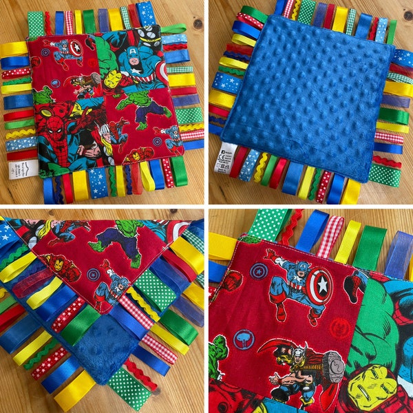 Baby Superhero Ribbon Tag Blanket Ironman Spiderman Captain America Hulk Thor Comic Book Fidget Taggy Taggie Shower Boy Alternative Marvel