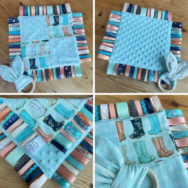 Baby Welly Boots Ribbon Taggy Blanket Neutral Girl Mint Green Blue Wellington Gum Boot Joules Rain Polka Dot Nursery Teething Taggie Shower