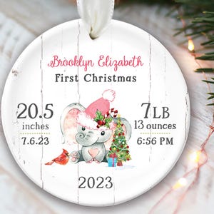 Elephant Baby stats ornament, Babys First Christmas Ornament Personalized Baby Boy Gift or Baby Girl Gift, Newborn keepsake OR617 Original Pink Design