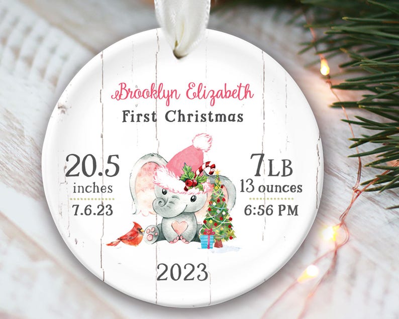 Elephant Baby stats ornament, Babys First Christmas Ornament Personalized Baby Boy Gift or Baby Girl Gift, Newborn keepsake OR617 Original Pink Design