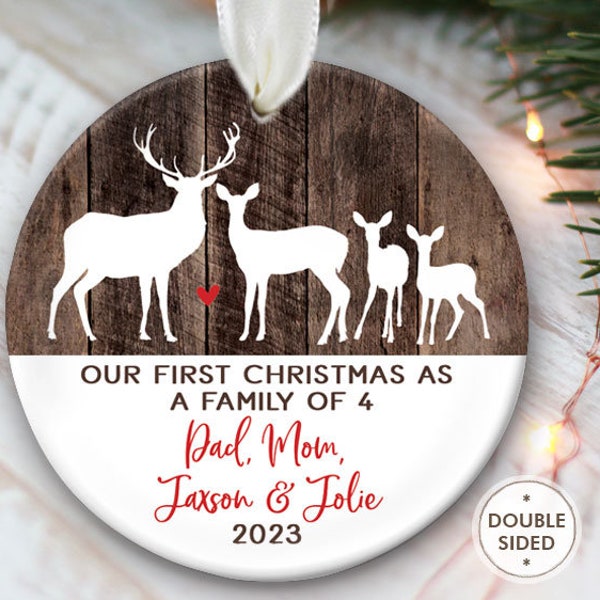 Deer Family of 4 Personalized Christmas Ornaments - Family of four Deer Ornament - Faux wood Stocking Stuffer Christmas Gift for her OR781