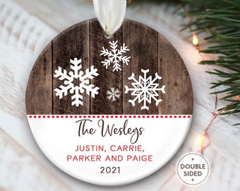 Personalized family ornament, Snowflake family personalized ornament, Custom Family of 3, 4, 5, 6, 7, 8, Snowflake Gift, Faux wood OR317