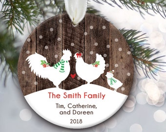 Chicken Family Ornament, Chicken Ornament, Farm Family of 3 4 or 5 Ornament, Family Gift Hen & Rooster Personalized Christmas Ornament OR978