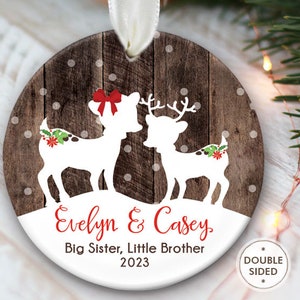 Sibling Ornament, Big Brother, Little Sister, Big Sister, Little Brother, Personalized Christmas Ornament, Deer Ornament fake "wood"