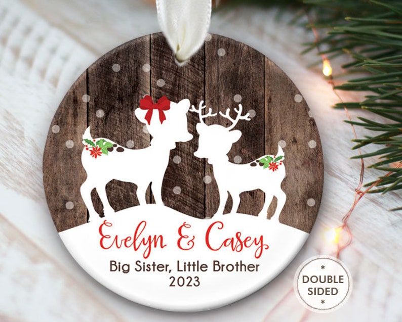 Sibling Ornament, Big Brother, Little Sister, Big Sister, Little Brother, Personalized Christmas Ornament, Deer Ornament fake "wood"