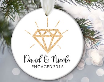 JUST ENGAGED Ornament Engagement Gift Personalized Christmas Ornament Bridal Shower Gift Faux Glitter Diamond Ornament Names & date OR460