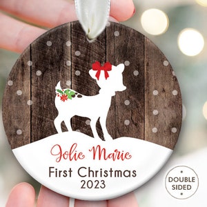 Baby's First Christmas Ornament, Baby Girl ornament Fawn Deer Personalized Christmas Ornament Baby shower gift Deer Ornament Fake Wood OR363 image 2