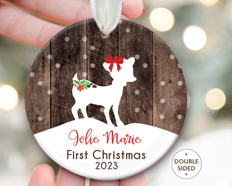 Baby's First Christmas Ornament, Baby Girl ornament Fawn Deer Personalized Christmas Ornament Baby shower gift Deer Ornament Fake Wood OR363 image 2